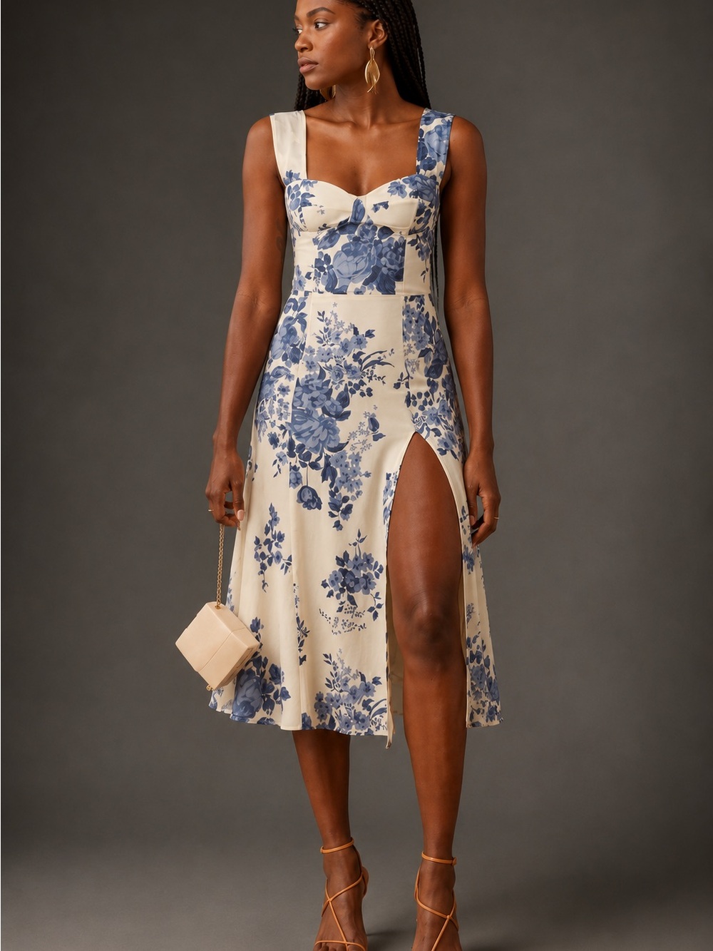 Reformation Fulton Midi Dress in Jasper Cream and Blue Floral Side Slit 4